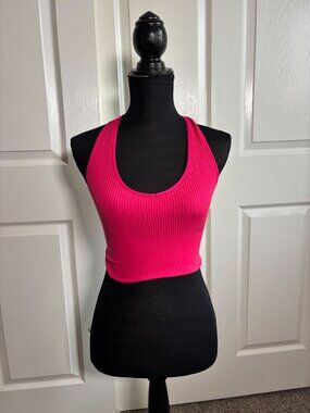 Anthropologie bright pink ribbed halter crop tank size M